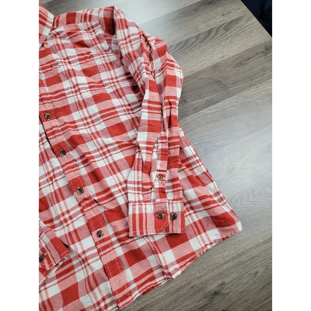 The North Face Linen Blend Button Down Shirt Large Red Plaid Collared Camp Mens